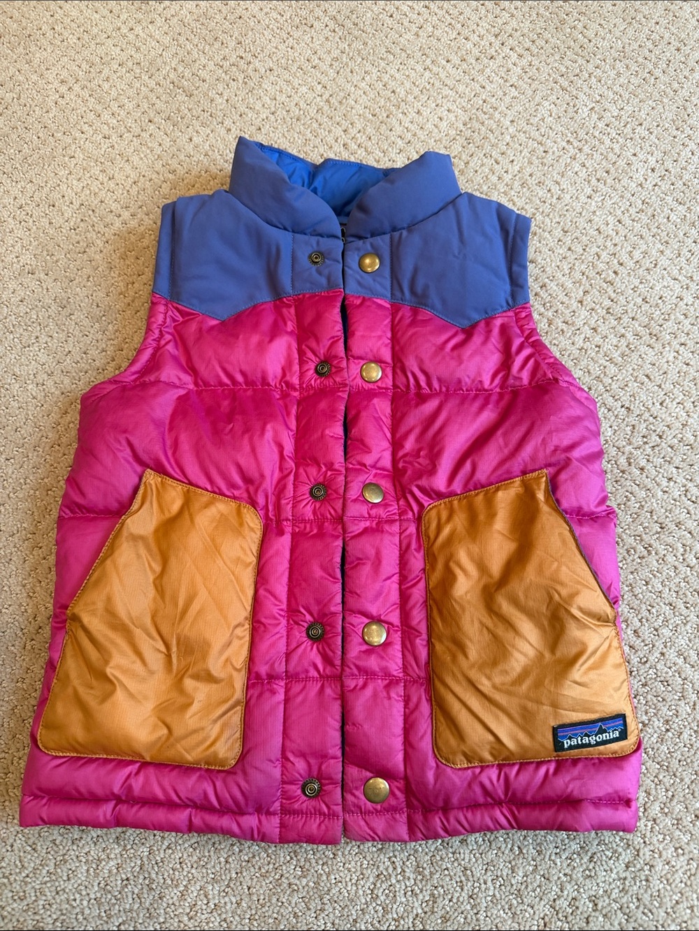 Patagonia Pink & Blue Colorblock Puffer Vest with Tan Pockets Great Condition